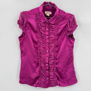 Purple Satin Ruffle Front Blouse Chiffon Trim Y2K Whimsigoth Coquette Regency L